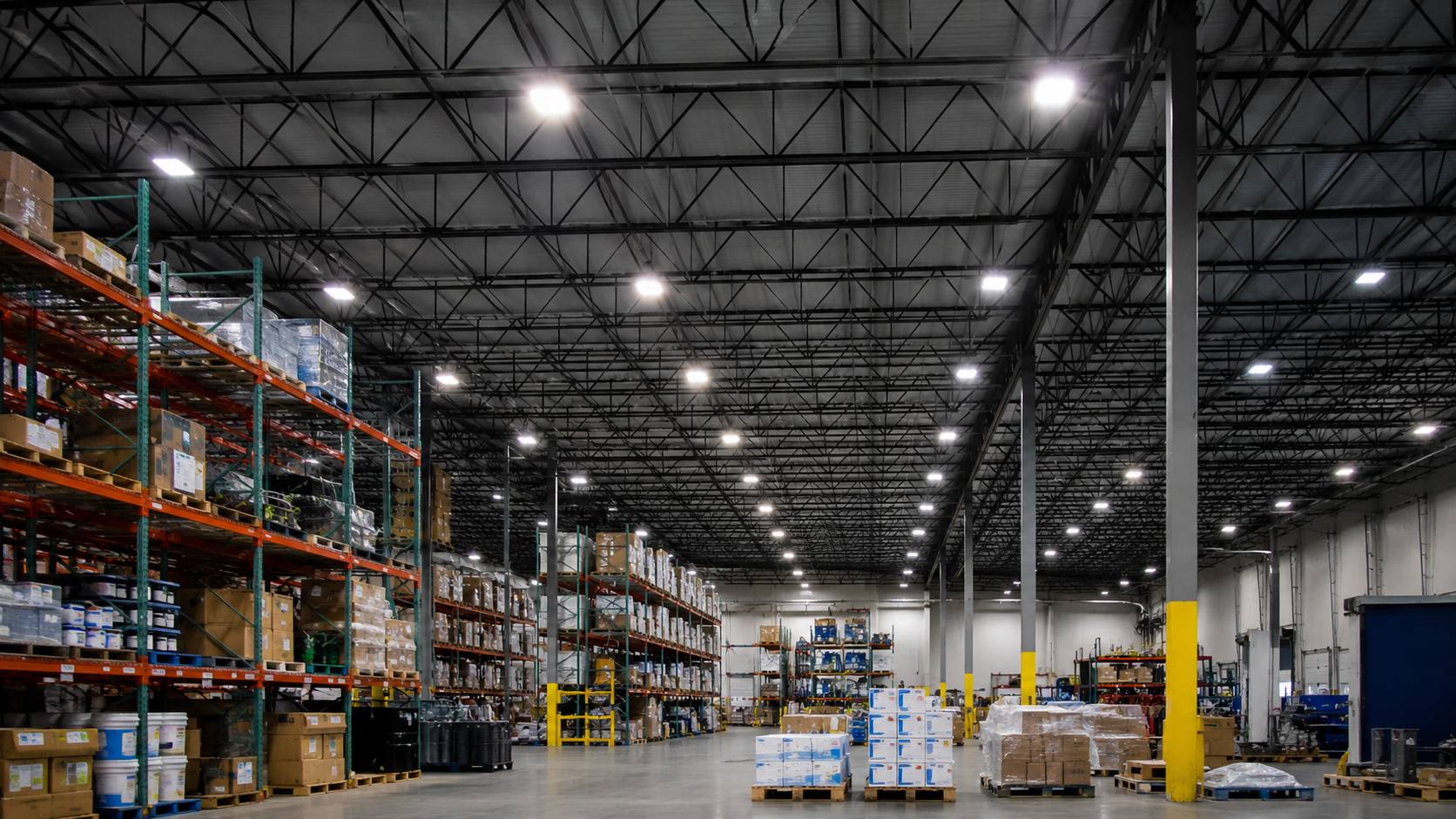 Warehouse interior with LED high-bay lighting