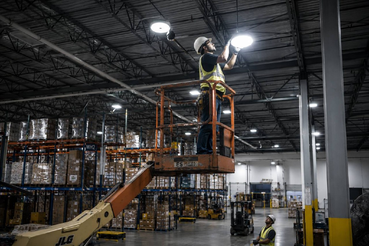 Electrician installing UFO LED fixture on JLG lift in warehouse