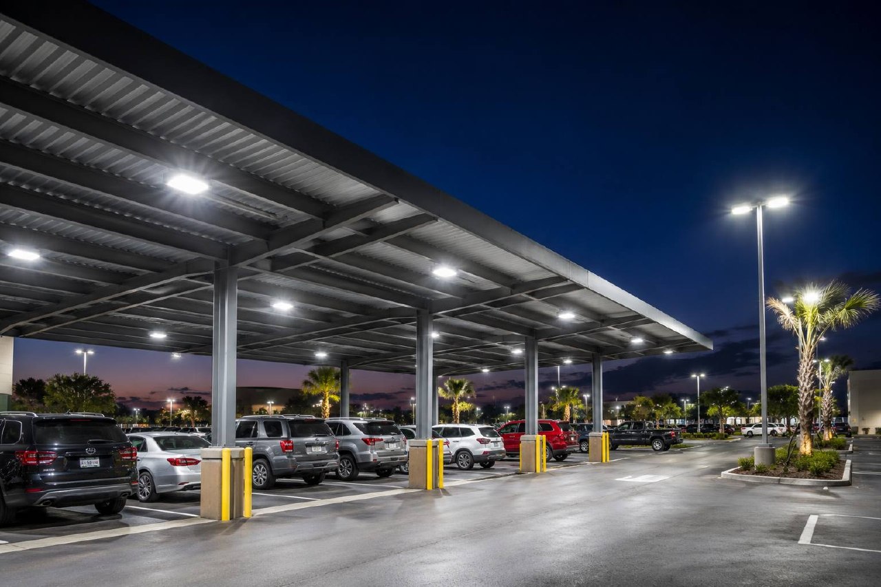 LED canopy lights on parking lot at night