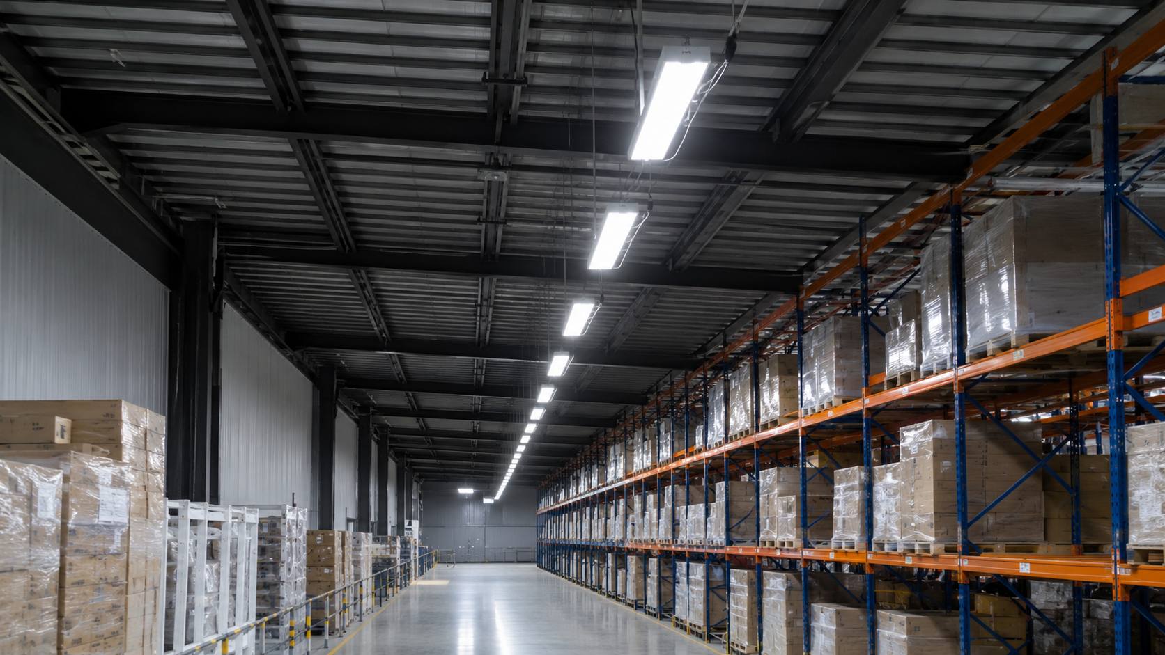 Linear LED high bay lights over warehouse aisle