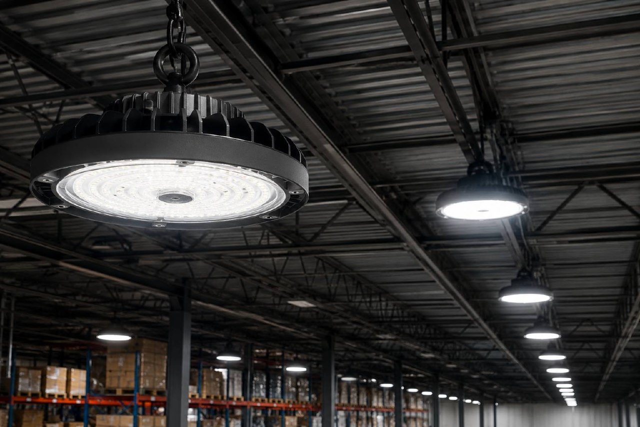 UFO LED high bay fixture in warehouse ceiling